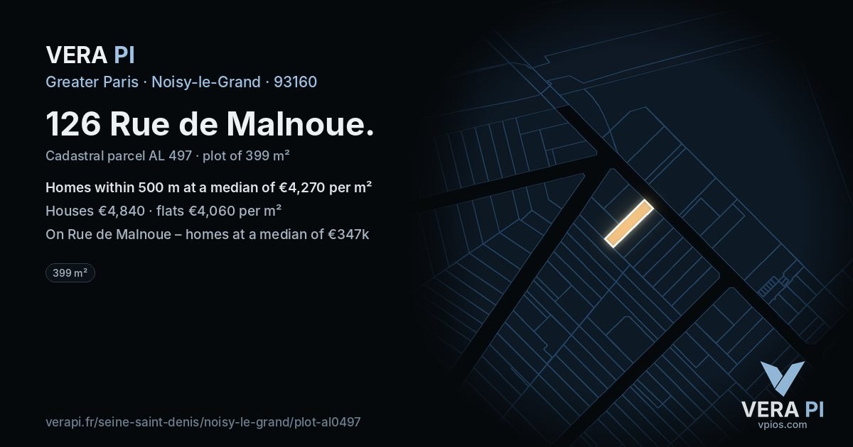126 Rue de Malnoue, Noisy-le-Grand at night – the plot lit, the parcels around coloured by the prices near them