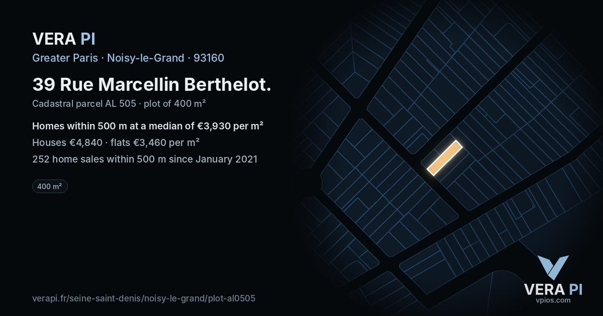 39 Rue Marcellin Berthelot, Noisy-le-Grand at night – the plot lit, the parcels around coloured by the prices near them