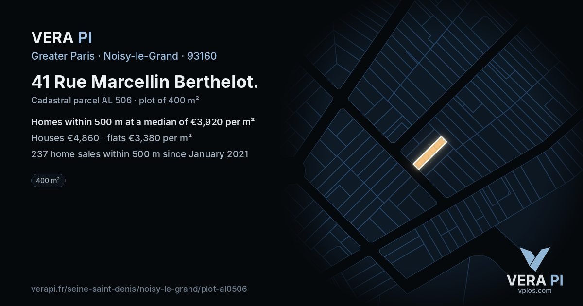 41 Rue Marcellin Berthelot, Noisy-le-Grand at night – the plot lit, the parcels around coloured by the prices near them