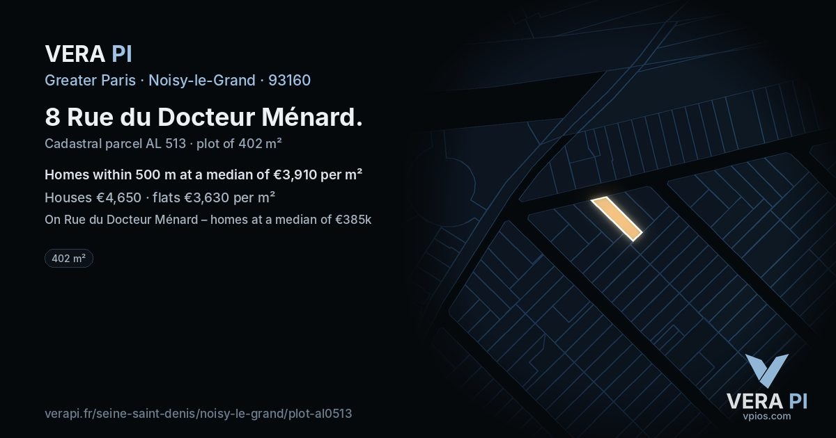 8 Rue du Docteur Ménard, Noisy-le-Grand at night – the plot lit, the parcels around coloured by the prices near them