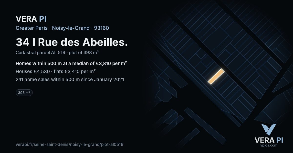 34 l Rue des Abeilles, Noisy-le-Grand at night – the plot lit, the parcels around coloured by the prices near them