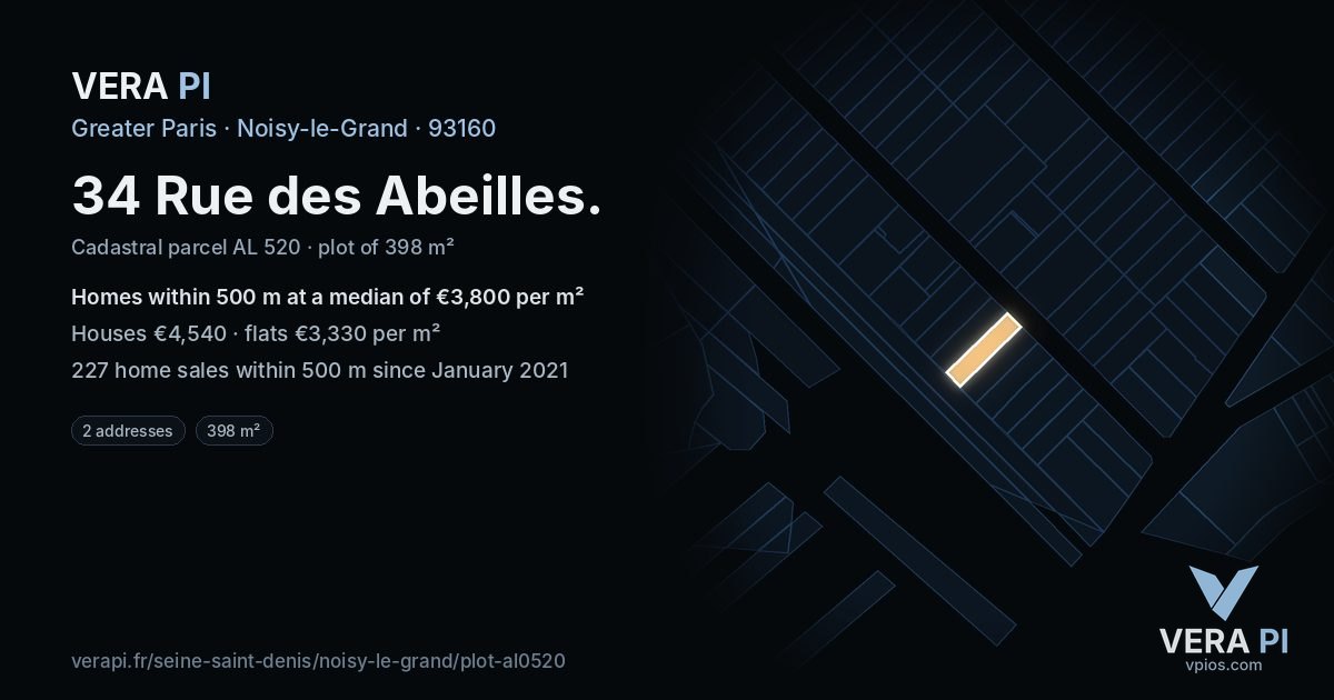 34 Rue des Abeilles, Noisy-le-Grand at night – the plot lit, the parcels around coloured by the prices near them