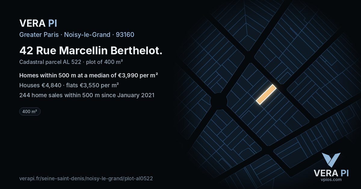 42 Rue Marcellin Berthelot, Noisy-le-Grand at night – the plot lit, the parcels around coloured by the prices near them