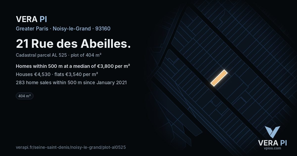 21 Rue des Abeilles, Noisy-le-Grand at night – the plot lit, the parcels around coloured by the prices near them