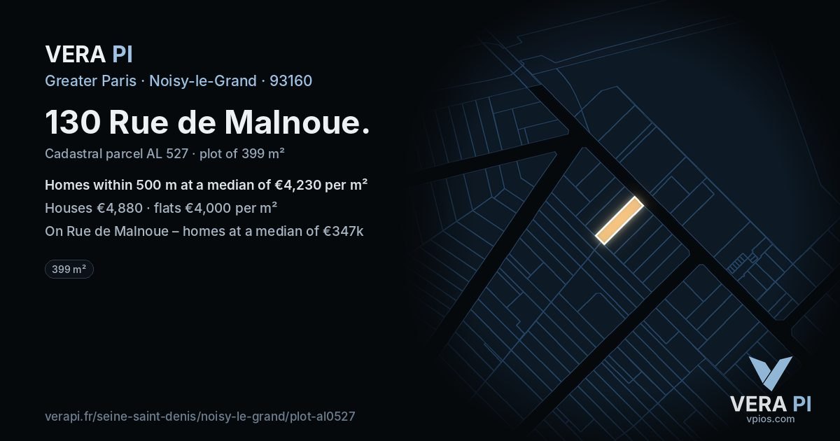 130 Rue de Malnoue, Noisy-le-Grand at night – the plot lit, the parcels around coloured by the prices near them