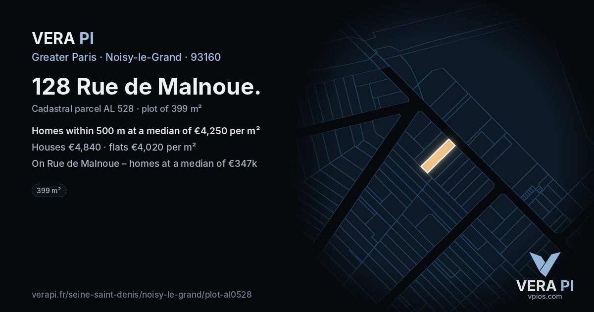 128 Rue de Malnoue, Noisy-le-Grand at night – the plot lit, the parcels around coloured by the prices near them