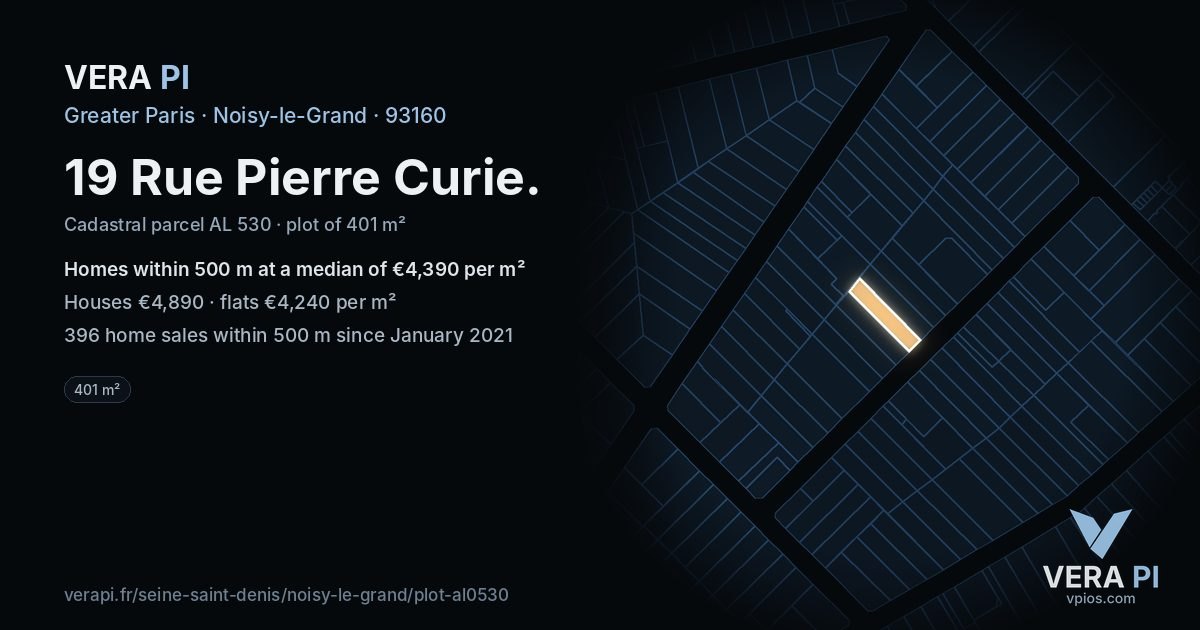 19 Rue Pierre Curie, Noisy-le-Grand at night – the plot lit, the parcels around coloured by the prices near them