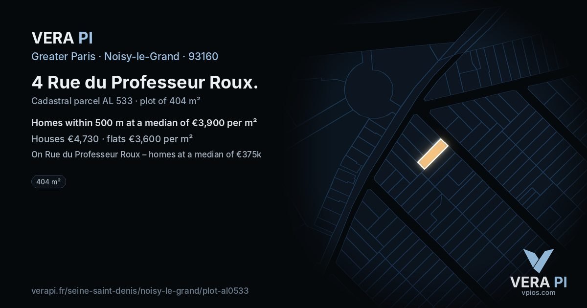 4 Rue du Professeur Roux, Noisy-le-Grand at night – the plot lit, the parcels around coloured by the prices near them