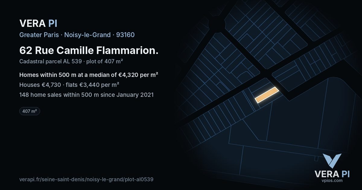 62 Rue Camille Flammarion, Noisy-le-Grand at night – the plot lit, the parcels around coloured by the prices near them