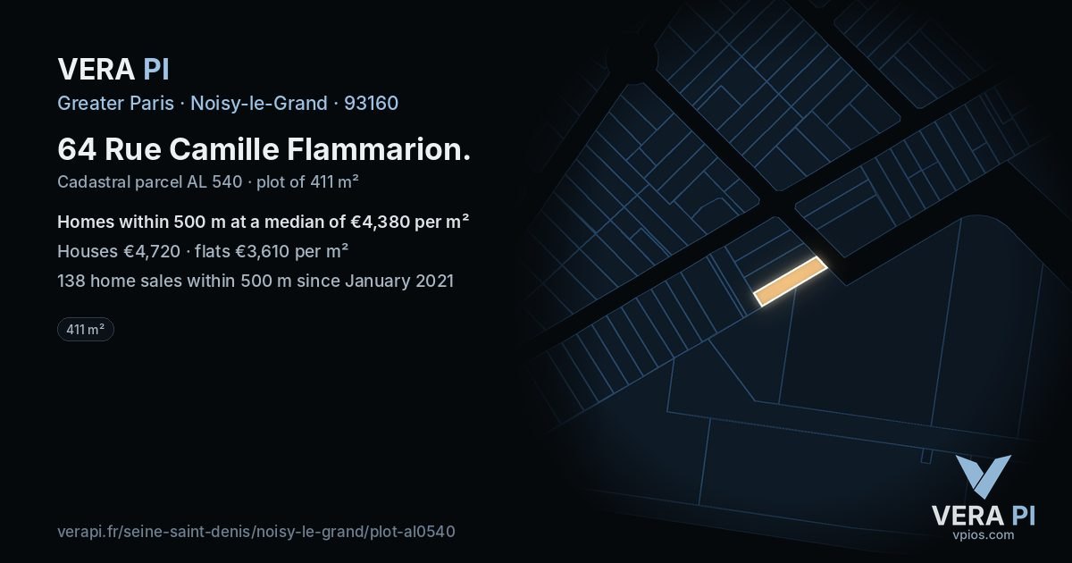 64 Rue Camille Flammarion, Noisy-le-Grand at night – the plot lit, the parcels around coloured by the prices near them
