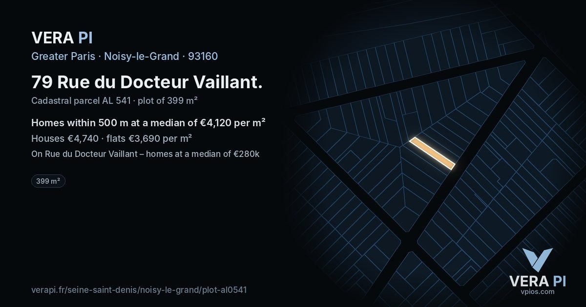 79 Rue du Docteur Vaillant, Noisy-le-Grand at night – the plot lit, the parcels around coloured by the prices near them
