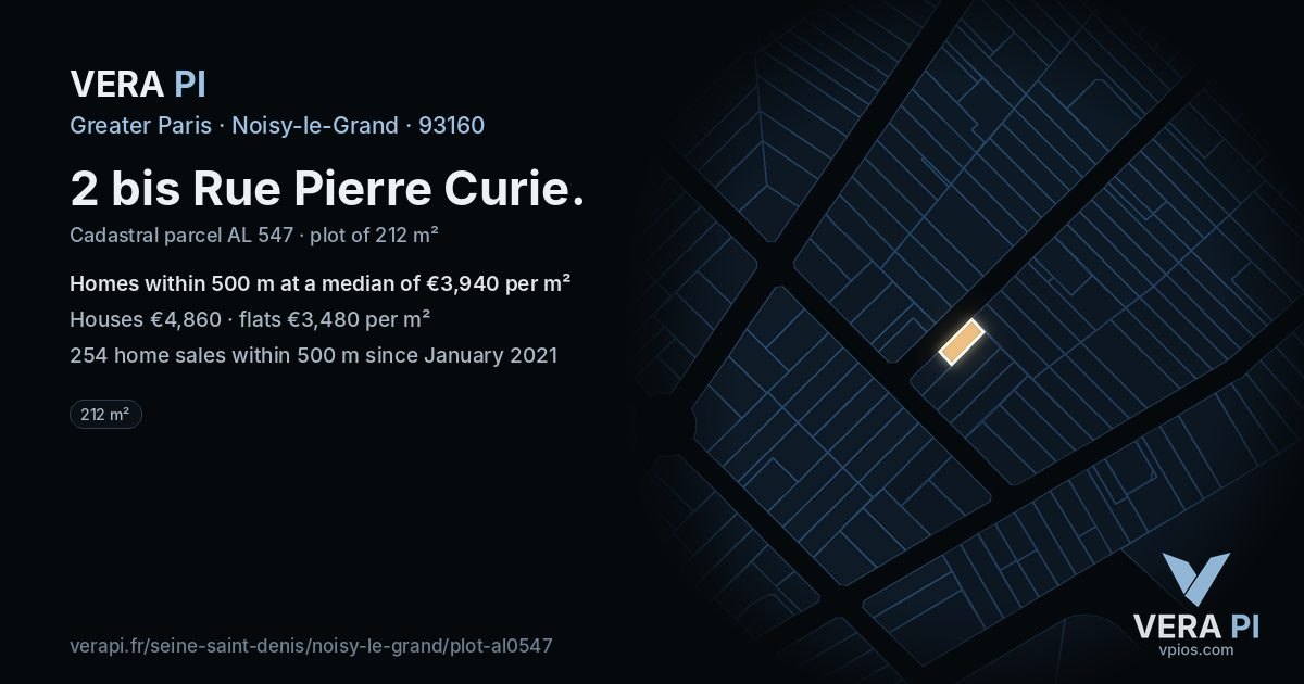 2 bis Rue Pierre Curie, Noisy-le-Grand at night – the plot lit, the parcels around coloured by the prices near them