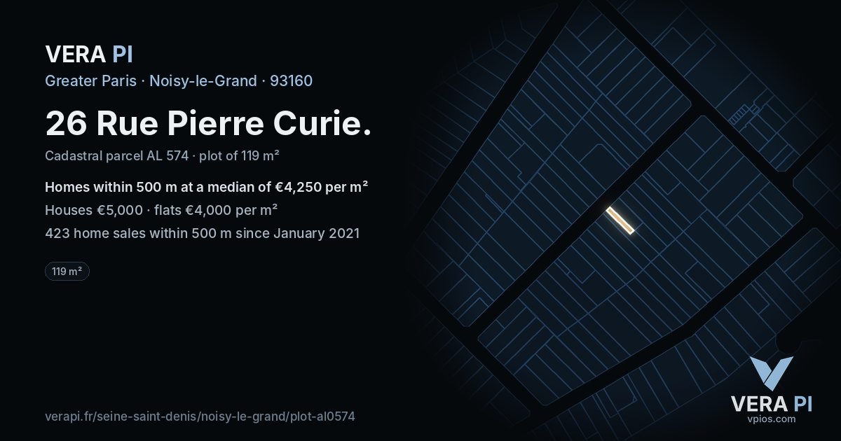 26 Rue Pierre Curie, Noisy-le-Grand at night – the plot lit, the parcels around coloured by the prices near them