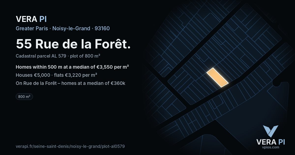 55 Rue de la Forêt, Noisy-le-Grand at night – the plot lit, the parcels around coloured by the prices near them