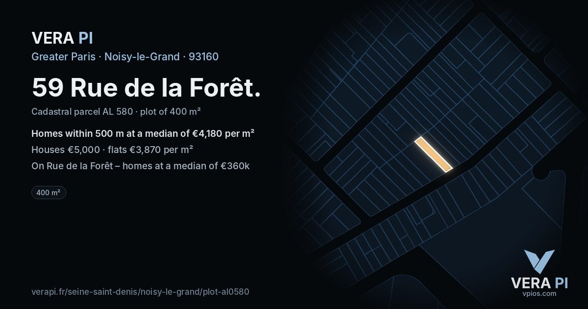 59 Rue de la Forêt, Noisy-le-Grand at night – the plot lit, the parcels around coloured by the prices near them