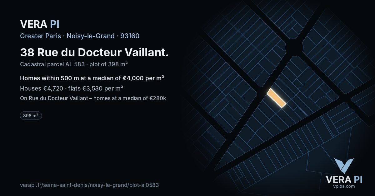 38 Rue du Docteur Vaillant, Noisy-le-Grand at night – the plot lit, the parcels around coloured by the prices near them
