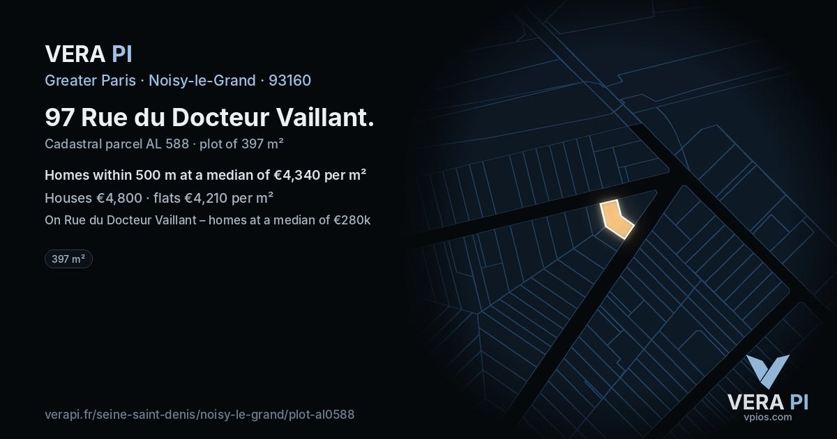 97 Rue du Docteur Vaillant, Noisy-le-Grand at night – the plot lit, the parcels around coloured by the prices near them