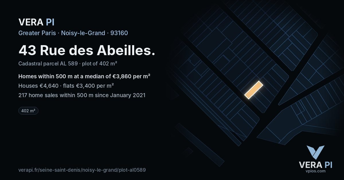43 Rue des Abeilles, Noisy-le-Grand at night – the plot lit, the parcels around coloured by the prices near them