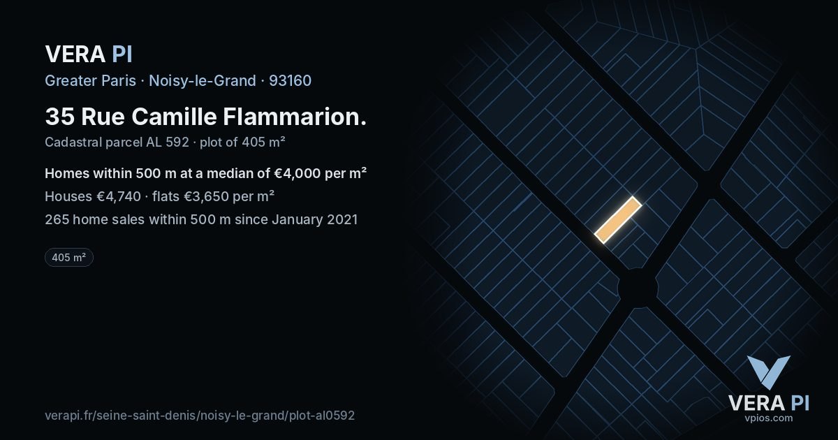 35 Rue Camille Flammarion, Noisy-le-Grand at night – the plot lit, the parcels around coloured by the prices near them