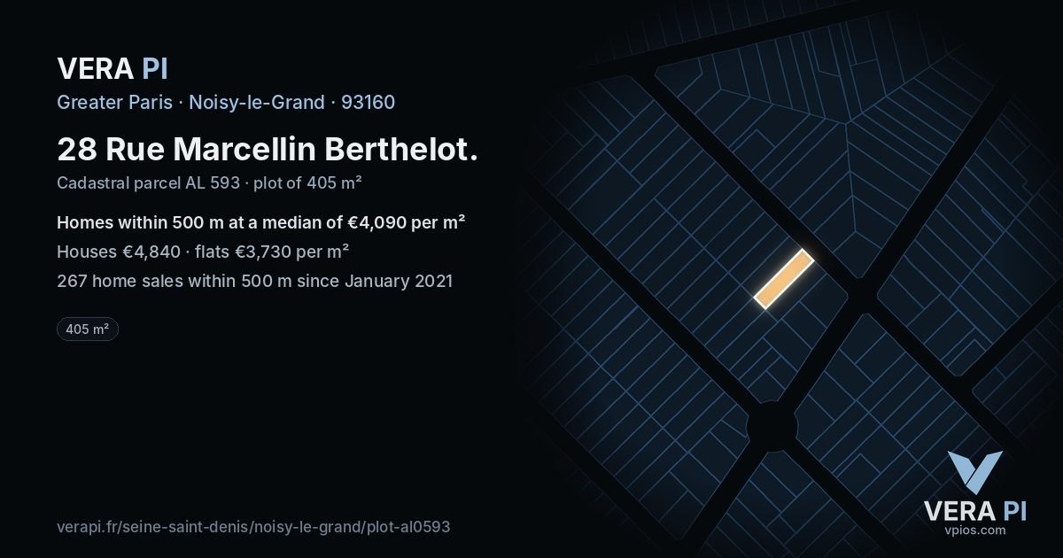 28 Rue Marcellin Berthelot, Noisy-le-Grand at night – the plot lit, the parcels around coloured by the prices near them