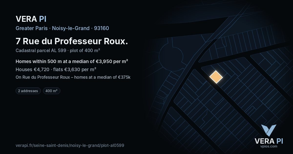 7 Rue du Professeur Roux, Noisy-le-Grand at night – the plot lit, the parcels around coloured by the prices near them