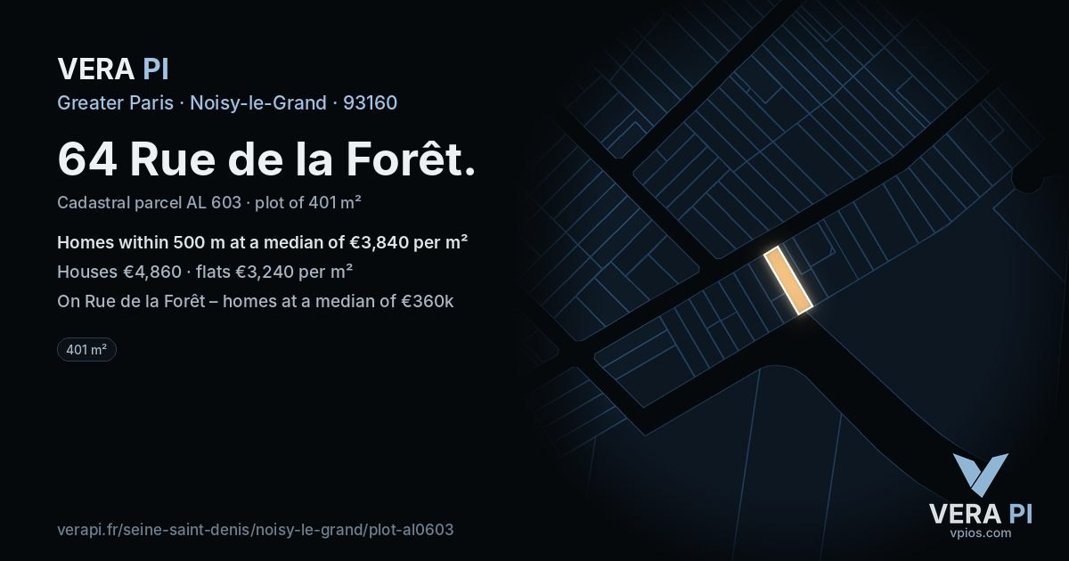 64 Rue de la Forêt, Noisy-le-Grand at night – the plot lit, the parcels around coloured by the prices near them