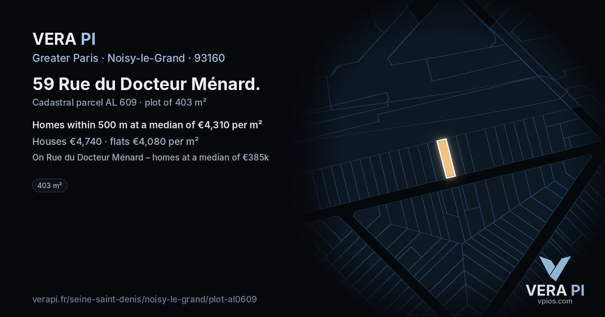 59 Rue du Docteur Ménard, Noisy-le-Grand at night – the plot lit, the parcels around coloured by the prices near them