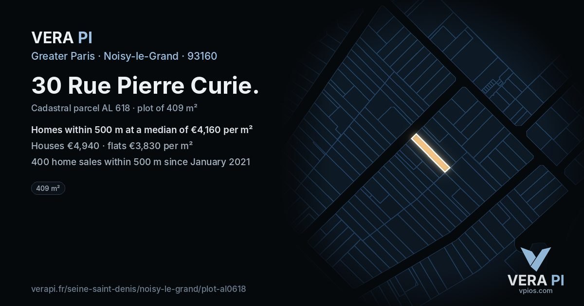 30 Rue Pierre Curie, Noisy-le-Grand at night – the plot lit, the parcels around coloured by the prices near them