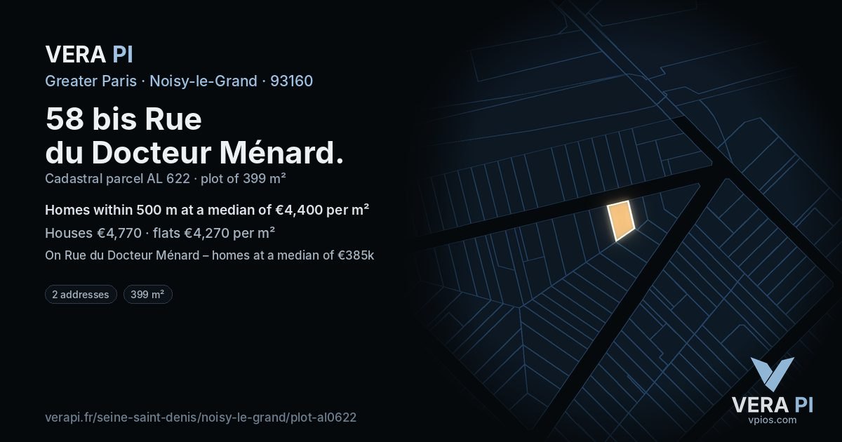 58 bis Rue du Docteur Ménard, Noisy-le-Grand at night – the plot lit, the parcels around coloured by the prices near them