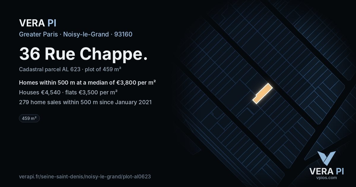 36 Rue Chappe, Noisy-le-Grand at night – the plot lit, the parcels around coloured by the prices near them