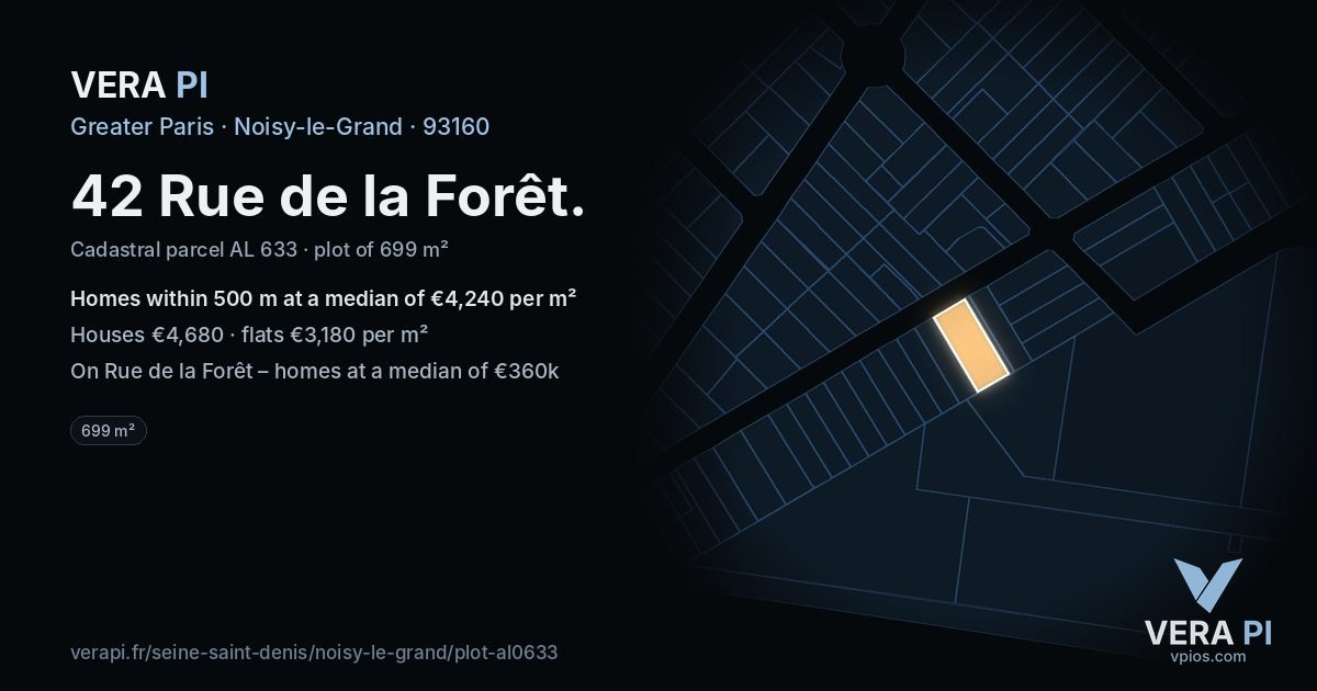 42 Rue de la Forêt, Noisy-le-Grand at night – the plot lit, the parcels around coloured by the prices near them
