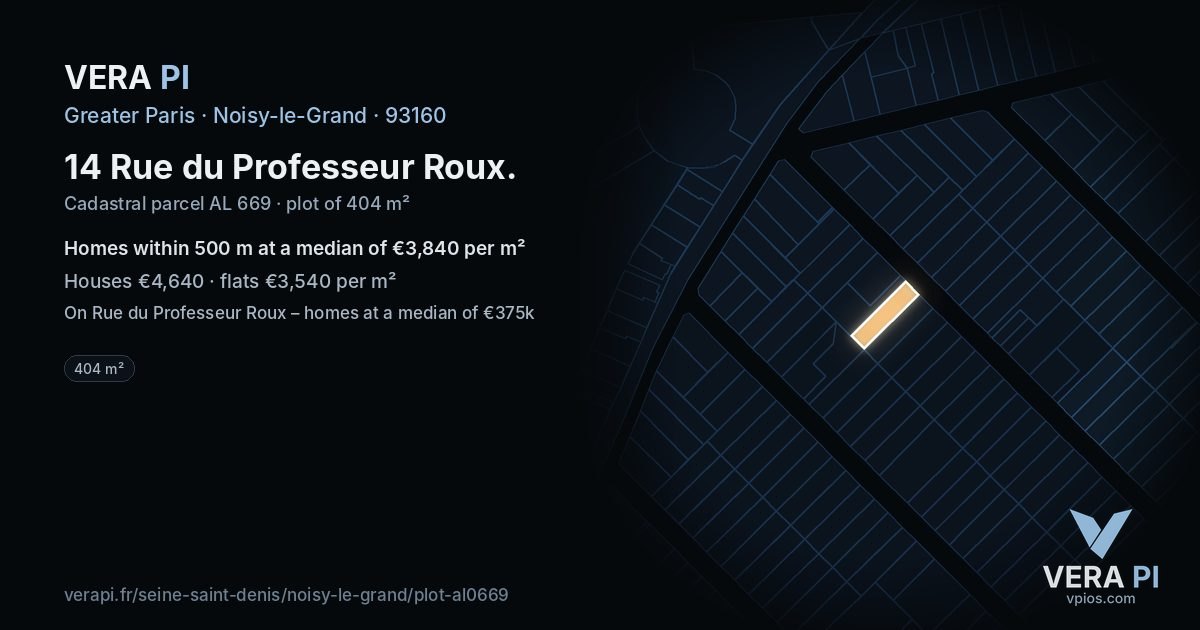 14 Rue du Professeur Roux, Noisy-le-Grand at night – the plot lit, the parcels around coloured by the prices near them