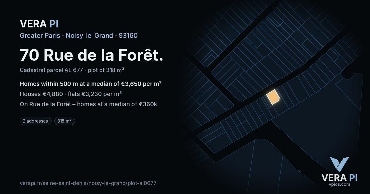 70 Rue de la Forêt, Noisy-le-Grand at night – the plot lit, the parcels around coloured by the prices near them