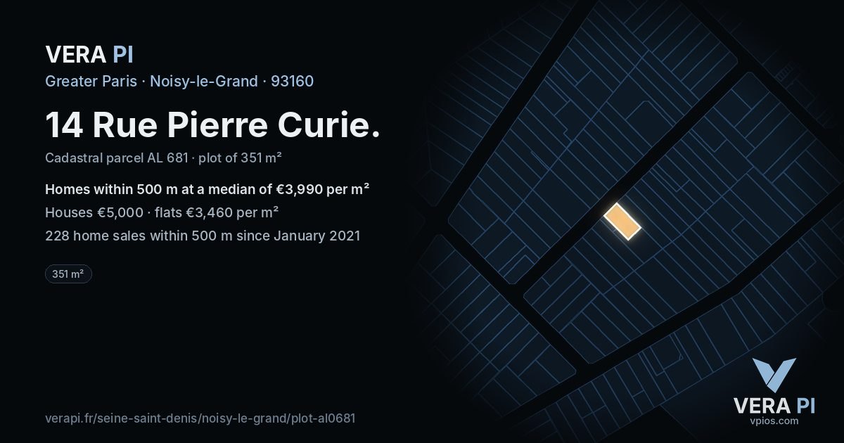 14 Rue Pierre Curie, Noisy-le-Grand at night – the plot lit, the parcels around coloured by the prices near them