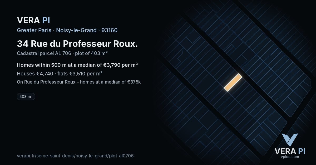 34 Rue du Professeur Roux, Noisy-le-Grand at night – the plot lit, the parcels around coloured by the prices near them