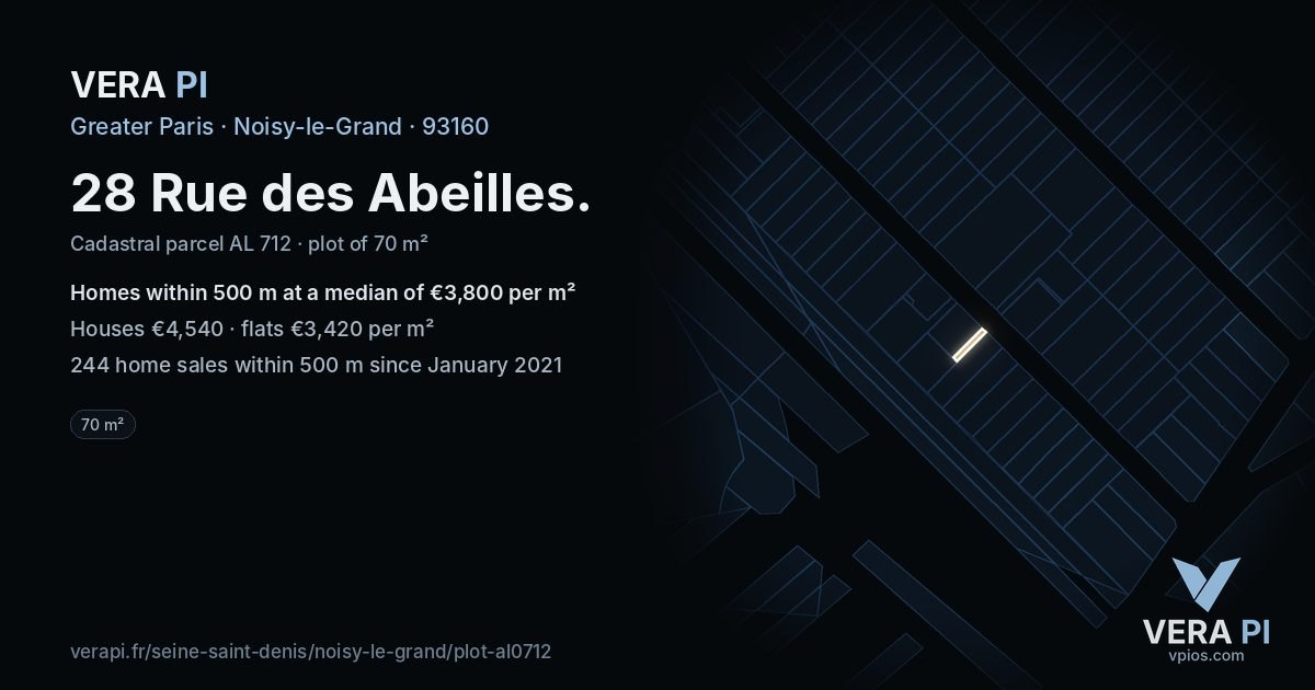 28 Rue des Abeilles, Noisy-le-Grand at night – the plot lit, the parcels around coloured by the prices near them