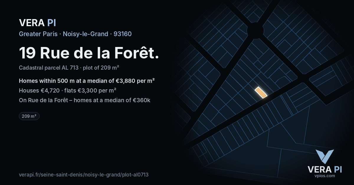 19 Rue de la Forêt, Noisy-le-Grand at night – the plot lit, the parcels around coloured by the prices near them