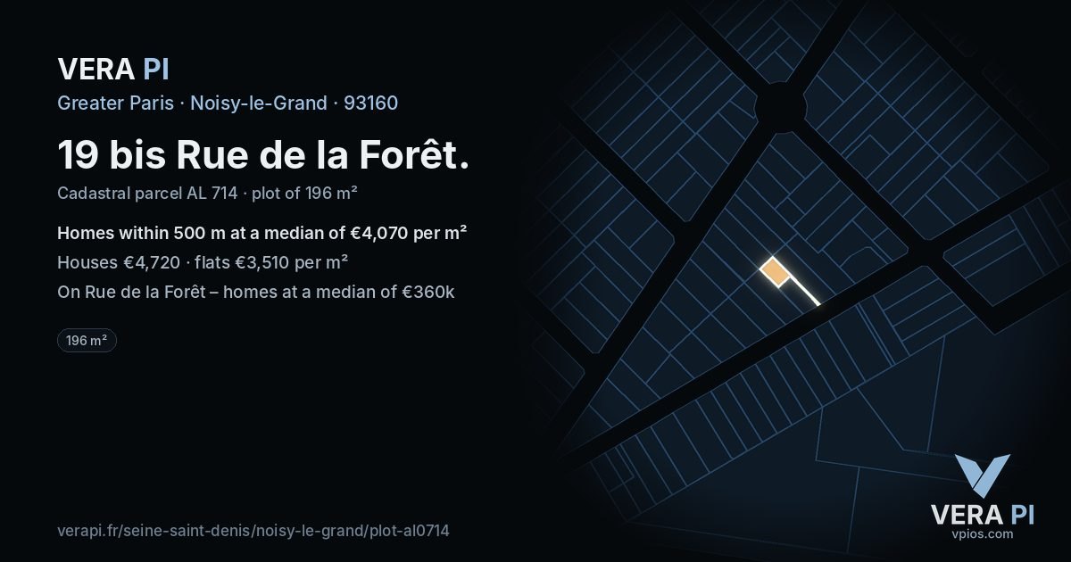 19 bis Rue de la Forêt, Noisy-le-Grand at night – the plot lit, the parcels around coloured by the prices near them