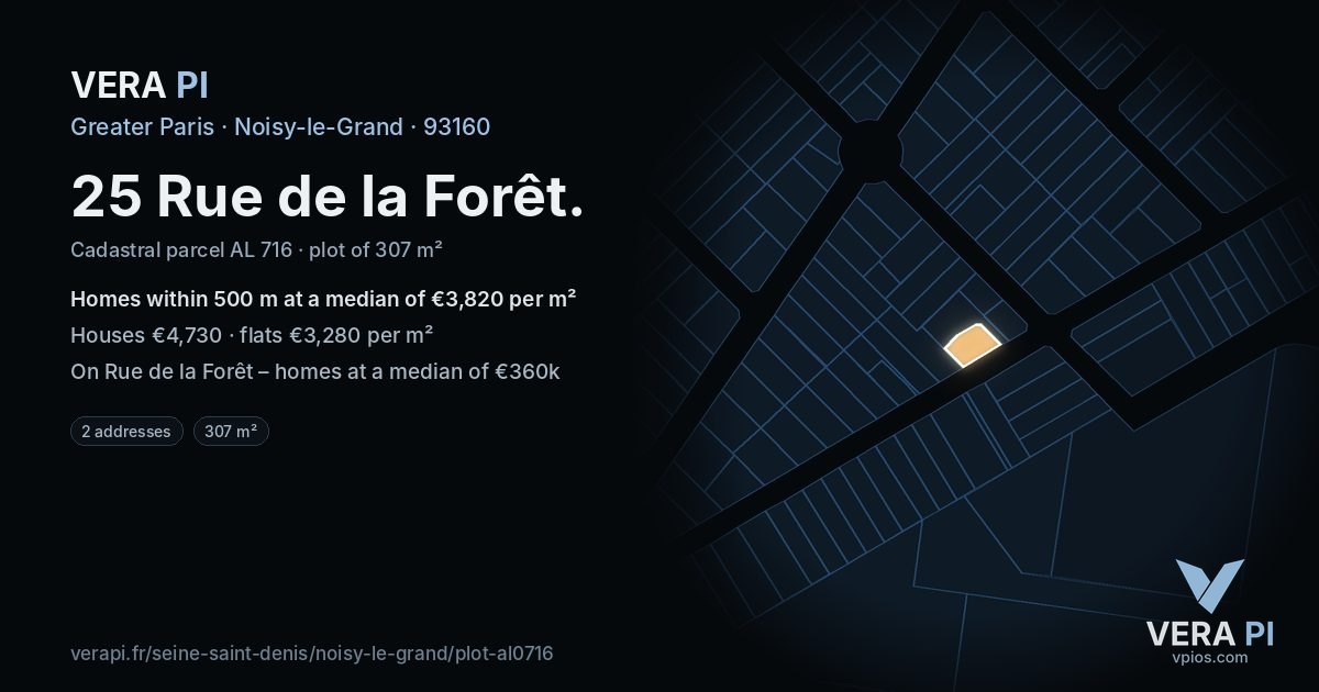 25 Rue de la Forêt, Noisy-le-Grand at night – the plot lit, the parcels around coloured by the prices near them