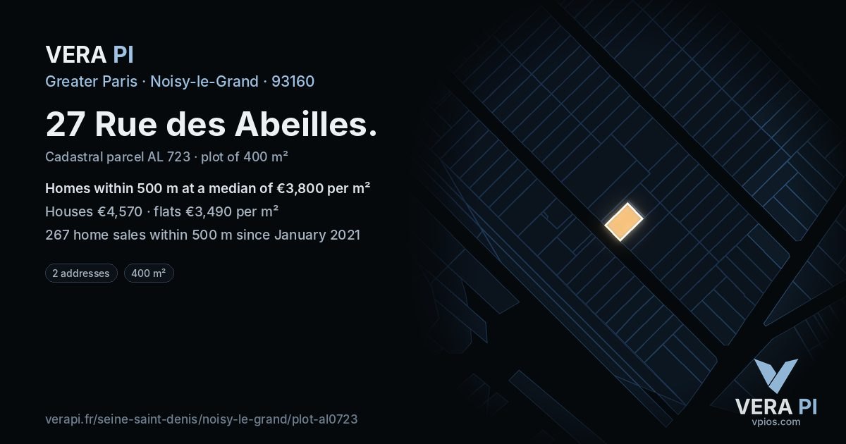 27 Rue des Abeilles, Noisy-le-Grand at night – the plot lit, the parcels around coloured by the prices near them