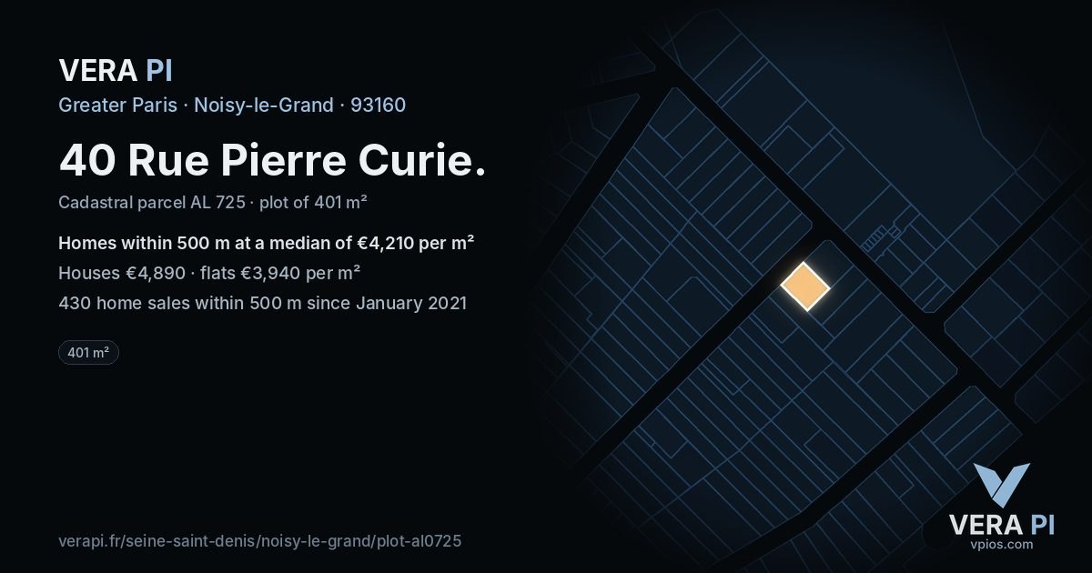 40 Rue Pierre Curie, Noisy-le-Grand at night – the plot lit, the parcels around coloured by the prices near them