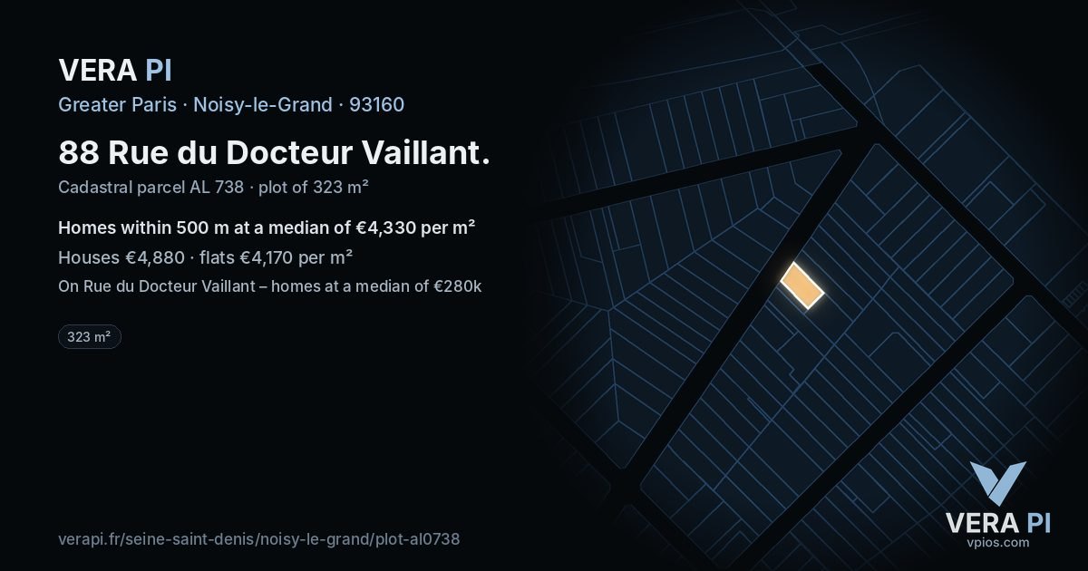 88 Rue du Docteur Vaillant, Noisy-le-Grand at night – the plot lit, the parcels around coloured by the prices near them