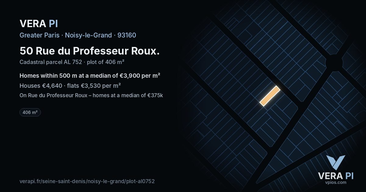 50 Rue du Professeur Roux, Noisy-le-Grand at night – the plot lit, the parcels around coloured by the prices near them