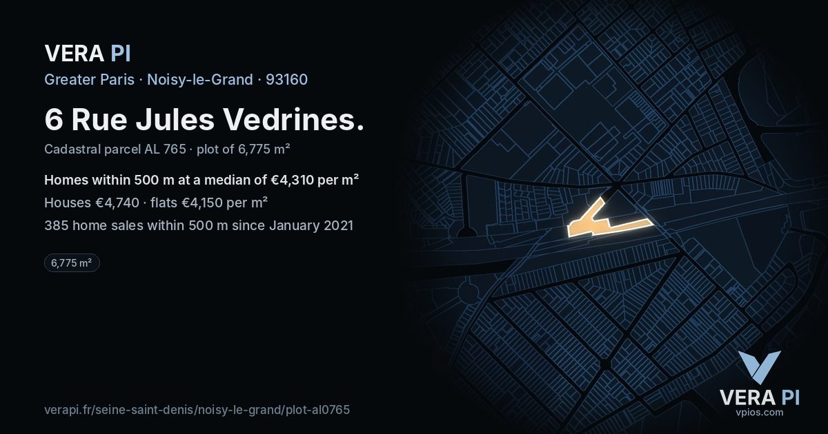 6 Rue Jules Vedrines, Noisy-le-Grand at night – the plot lit, the parcels around coloured by the prices near them