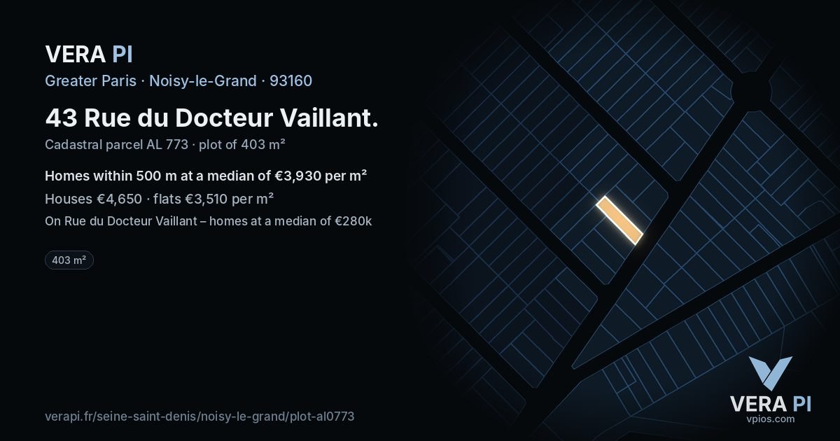 43 Rue du Docteur Vaillant, Noisy-le-Grand at night – the plot lit, the parcels around coloured by the prices near them
