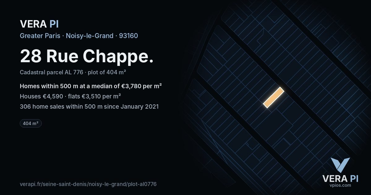 28 Rue Chappe, Noisy-le-Grand at night – the plot lit, the parcels around coloured by the prices near them