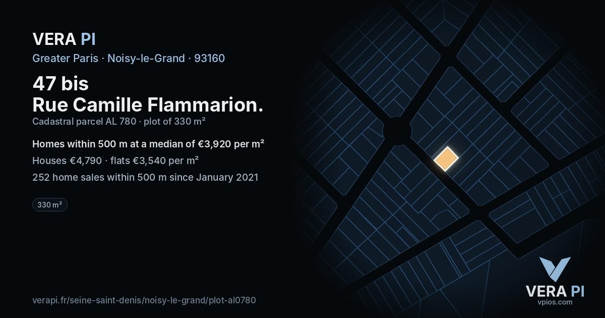 47 bis Rue Camille Flammarion, Noisy-le-Grand at night – the plot lit, the parcels around coloured by the prices near them