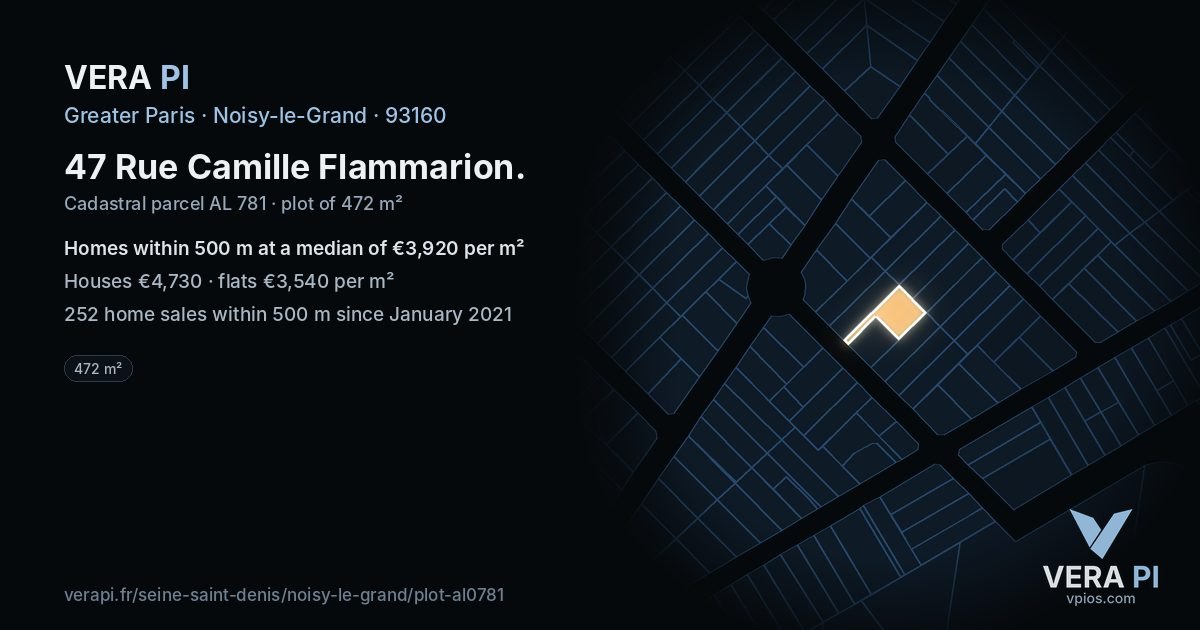 47 Rue Camille Flammarion, Noisy-le-Grand at night – the plot lit, the parcels around coloured by the prices near them
