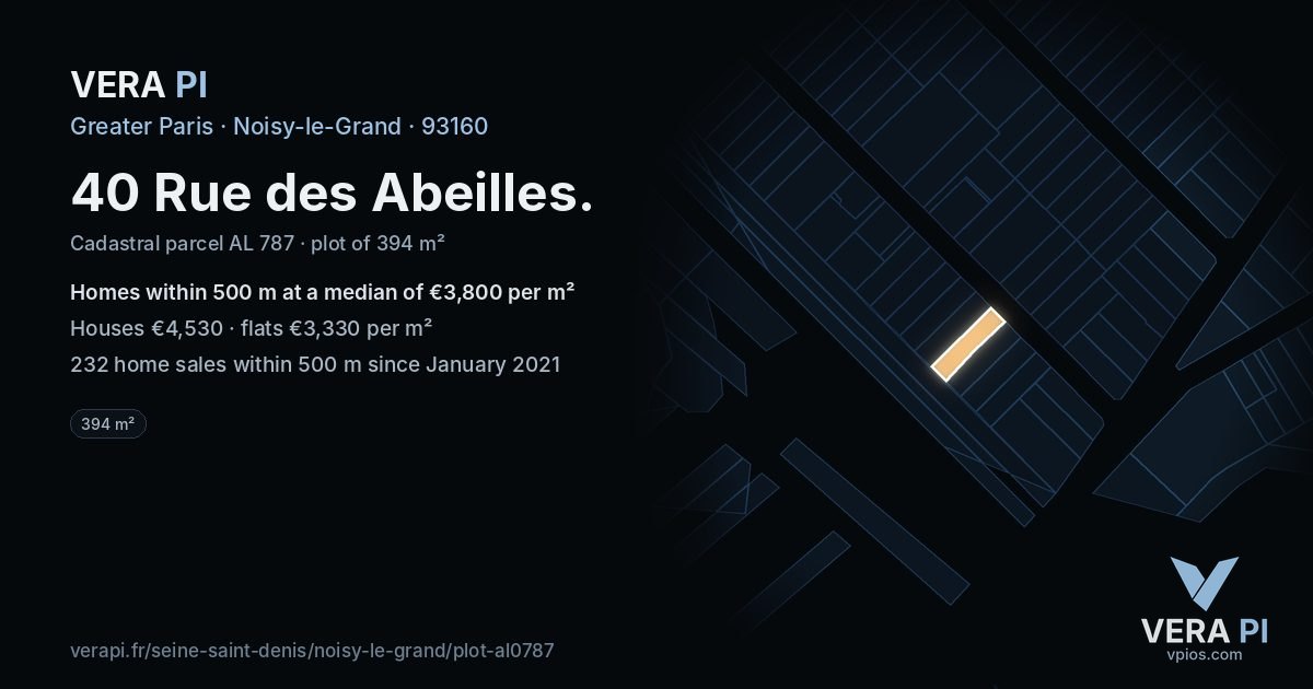 40 Rue des Abeilles, Noisy-le-Grand at night – the plot lit, the parcels around coloured by the prices near them