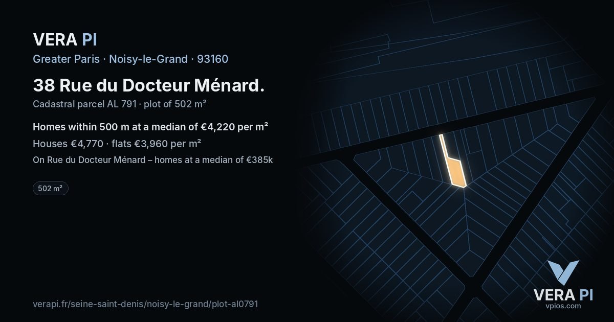 38 Rue du Docteur Ménard, Noisy-le-Grand at night – the plot lit, the parcels around coloured by the prices near them